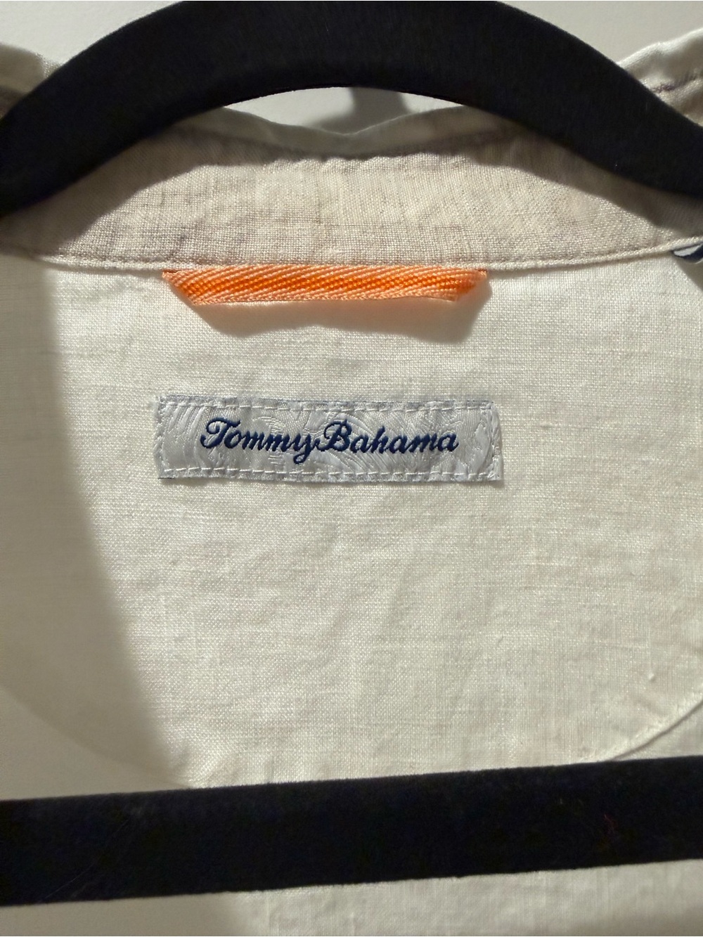 Tommy Bahama White Linen-Blend Button Down Shirt with Orange Accent